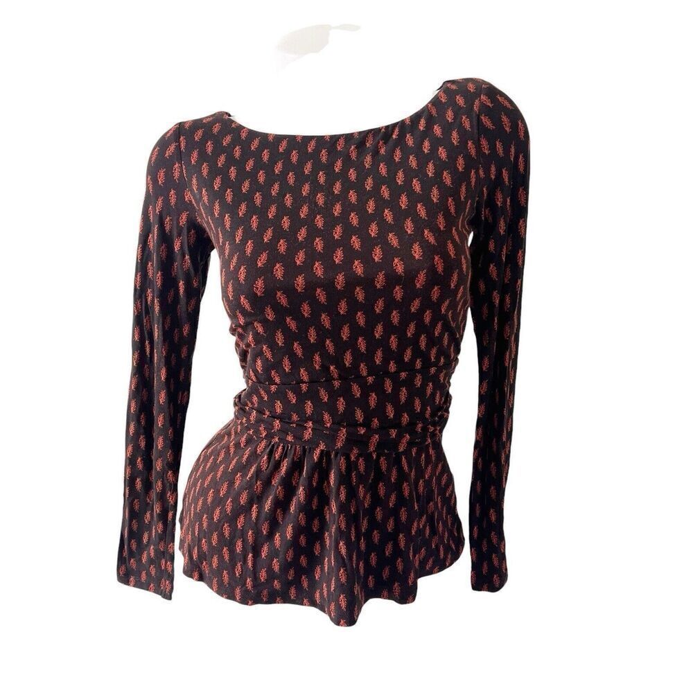 Boden‎ Size 2P Black Orange Dainty Leaf Print Jersey Knit Soft Blouse